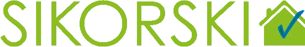Das Wort "SIKORSKI" in großen grünen Buchstaben. Das letzte "I" hat die Form eines Hauses mit einem grünen Dach und einem blauen Häkchen im Inneren.